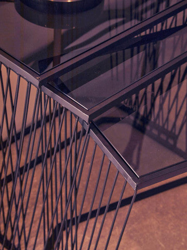 Set Of 3 Smoky Grey Glass Tops Nesting Side Tables With Black Metal Wire Frames, Trento