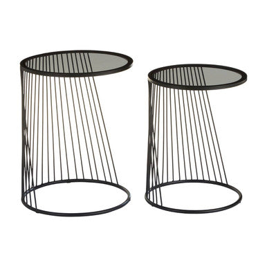Set Of 2 Grey Glass Top Nesting Side Tables With Black Metal Wire Frame, Trento