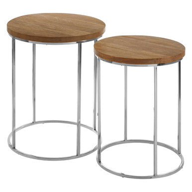 Set Of 2 Natural Mango Wood Top Round Side Tables With Stainless Steel Base In Metal, Agra