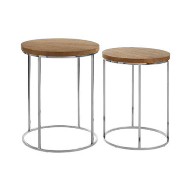 Set Of 2 Natural Mango Wood Top Round Side Tables With Stainless Steel Base In Metal, Agra