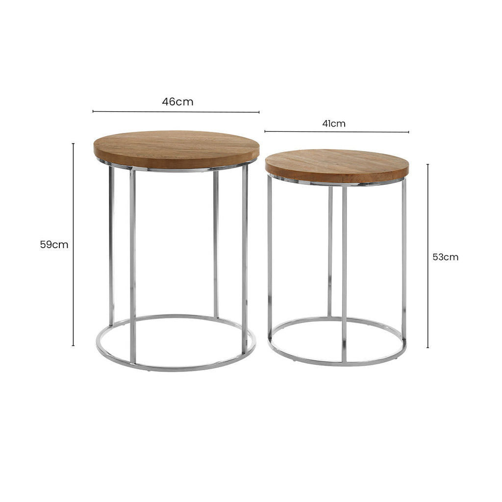 Set Of 2 Natural Mango Wood Top Round Side Tables With Stainless Steel Base In Metal, Agra