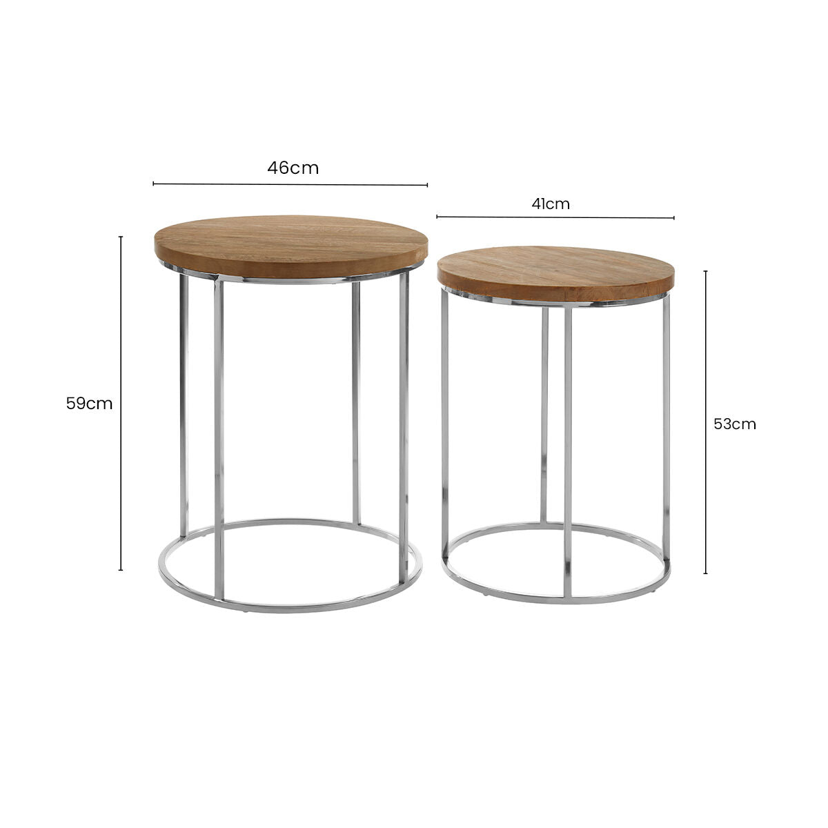 Set Of 2 Natural Mango Wood Top Round Side Tables With Stainless Steel Base In Metal, Agra