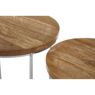 Set Of 2 Natural Mango Wood Top Round Side Tables With Stainless Steel Base In Metal, Agra