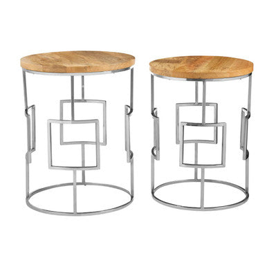Set Of 2 Natural Mango Wood Nesting Tables With Reflective Stainless Steel Base, Agra