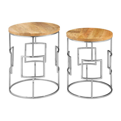Set Of 2 Natural Mango Wood Nesting Tables With Reflective Stainless Steel Base, Agra