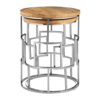 Set Of 2 Natural Mango Wood Nesting Tables With Reflective Stainless Steel Base, Agra