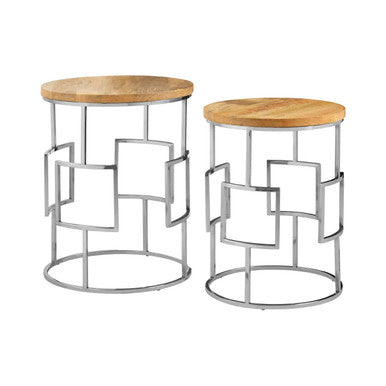 Set Of 2 Natural Mango Wood Nesting Tables With Reflective Stainless Steel Base, Agra