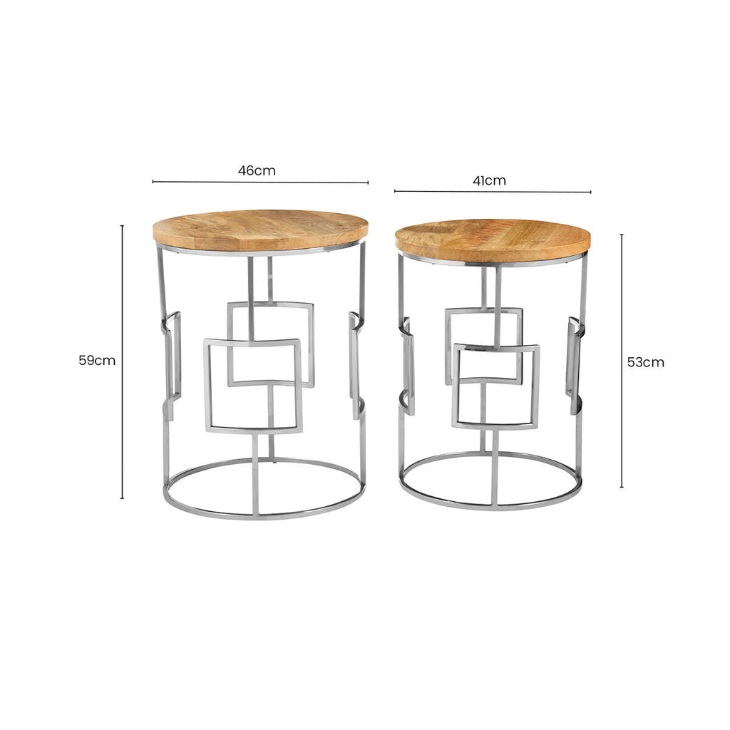 Set Of 2 Natural Mango Wood Nesting Tables With Reflective Stainless Steel Base, Agra
