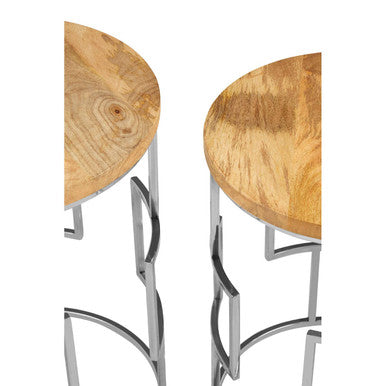 Set Of 2 Natural Mango Wood Nesting Tables With Reflective Stainless Steel Base, Agra