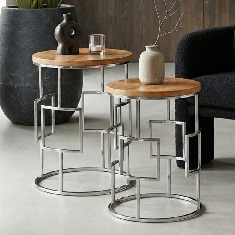 Set Of 2 Natural Mango Wood Nesting Tables With Reflective Stainless Steel Base, Agra