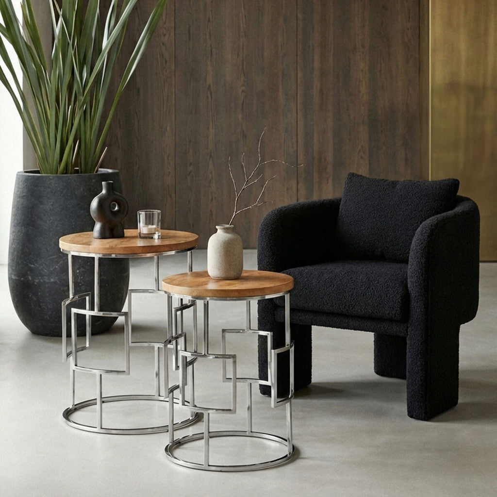 Set Of 2 Natural Mango Wood Nesting Tables With Reflective Stainless Steel Base, Agra