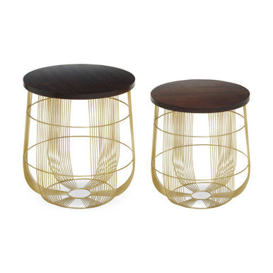 Set Of 2 Brown Mango Wood Side Tables With Gold Metal Base, Agra