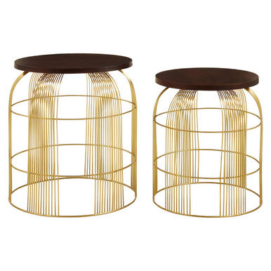 Set Of 2 Brown Mango Wood Side Tables With Gold Metal Base, Agra