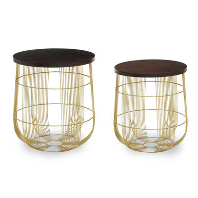 Set Of 2 Brown Mango Wood Side Tables With Gold Metal Base, Agra