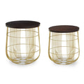 Set Of 2 Brown Mango Wood Side Tables With Gold Metal Base, Agra