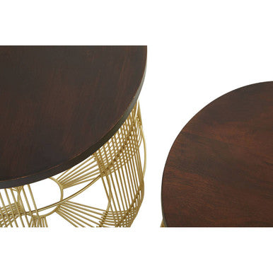 Set Of 2 Brown Mango Wood Side Tables With Gold Metal Base, Agra