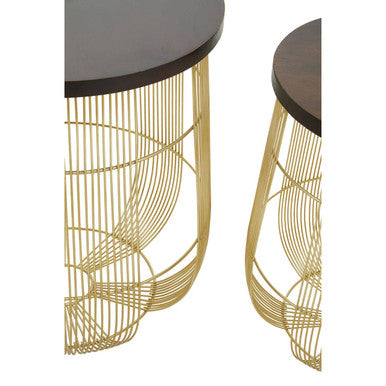 Set Of 2 Brown Mango Wood Side Tables With Gold Metal Base, Agra