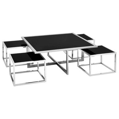 Black Tempered Glass Top & Silver Stainless Steel Frame Coffee Table With 4 Nesting Stools, Horizon