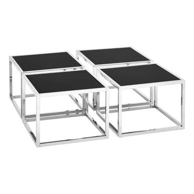 Black Tempered Glass Top & Silver Stainless Steel Frame Coffee Table With 4 Nesting Stools, Horizon