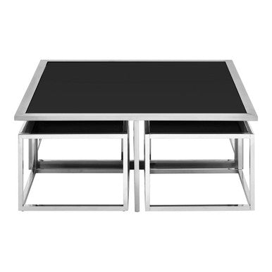 Black Tempered Glass Top & Silver Stainless Steel Frame Coffee Table With 4 Nesting Stools, Horizon