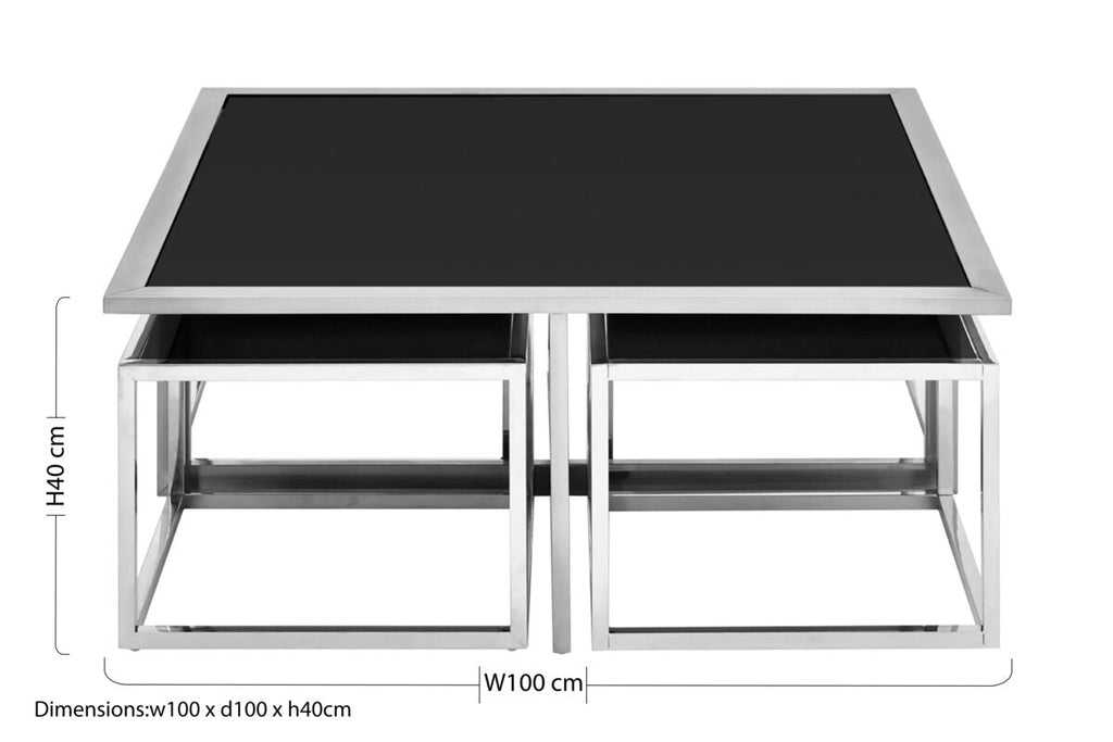 Black Tempered Glass Top & Silver Stainless Steel Frame Coffee Table With 4 Nesting Stools, Horizon