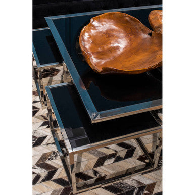 Black Tempered Glass Top & Silver Stainless Steel Frame Coffee Table With 4 Nesting Stools, Horizon