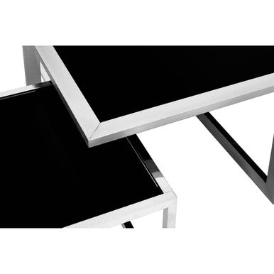 Black Tempered Glass Top & Silver Stainless Steel Frame Coffee Table With 4 Nesting Stools, Horizon