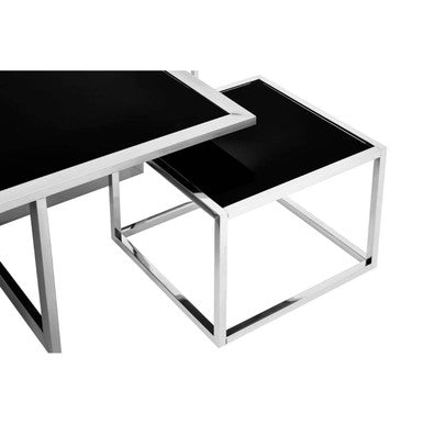 Black Tempered Glass Top & Silver Stainless Steel Frame Coffee Table With 4 Nesting Stools, Horizon