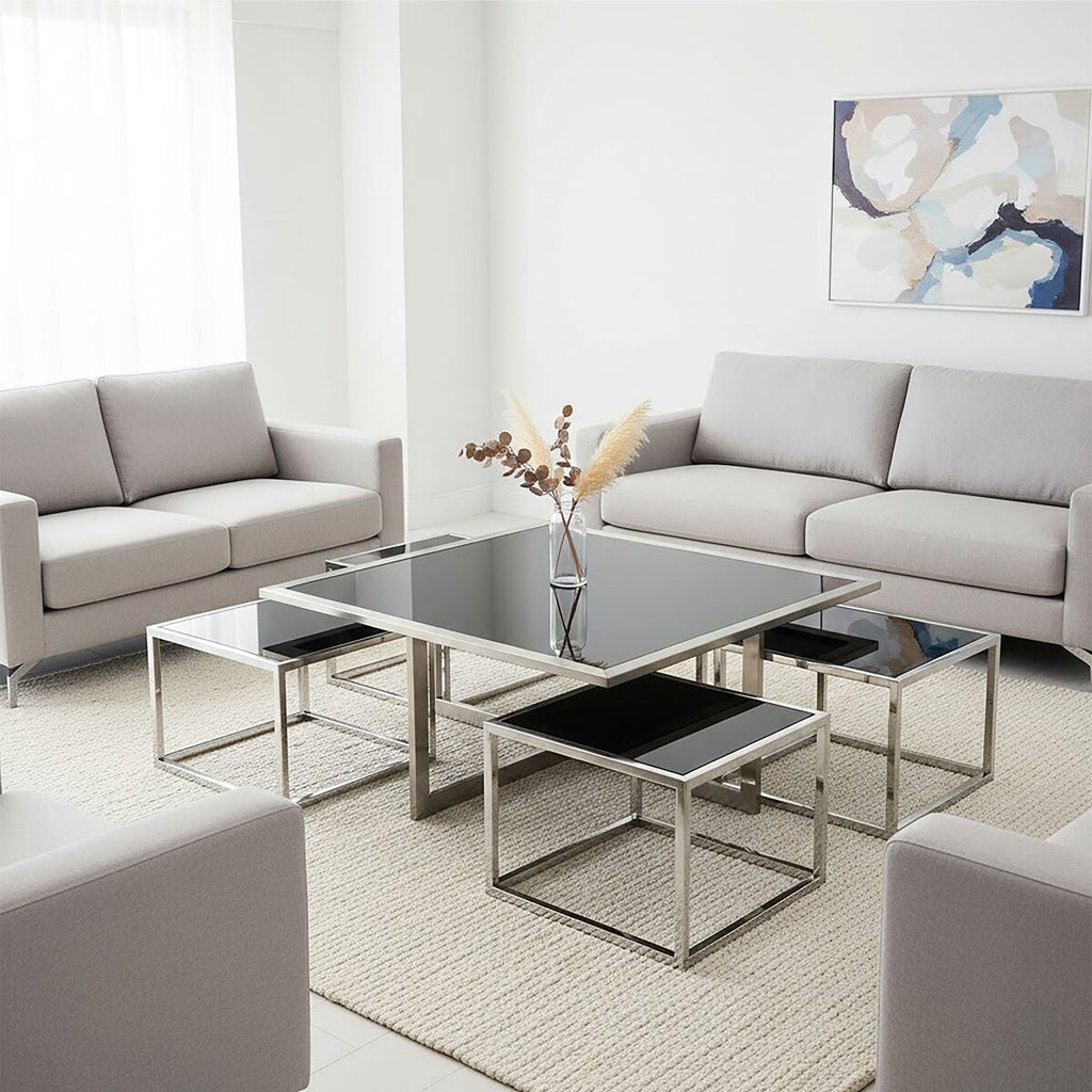 Black Tempered Glass Top & Silver Stainless Steel Frame Coffee Table With 4 Nesting Stools, Horizon