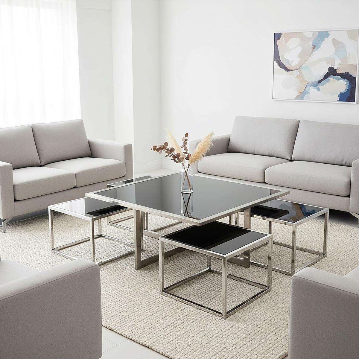 Black Tempered Glass Top & Silver Stainless Steel Frame Coffee Table With 4 Nesting Stools, Horizon