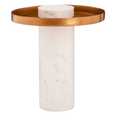 Antique Brass Hammered Iron Top Side Table With White Marble Column Base, Sika