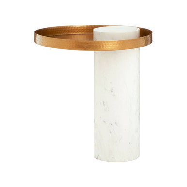 Antique Brass Hammered Iron Top Side Table With White Marble Column Base, Sika