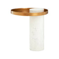 Antique Brass Hammered Iron Top Side Table With White Marble Column Base, Sika