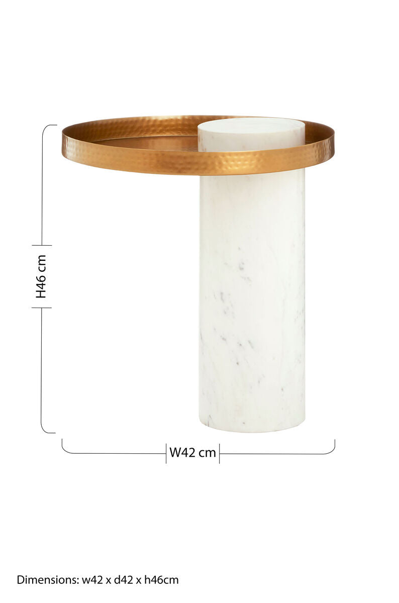 Antique Brass Hammered Iron Top Side Table With White Marble Column Base, Sika