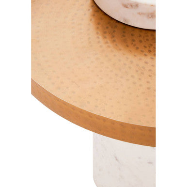 Antique Brass Hammered Iron Top Side Table With White Marble Column Base, Sika