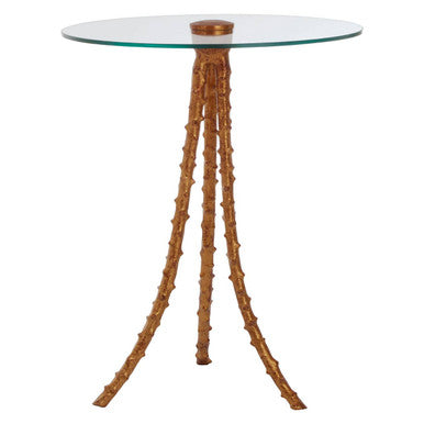 Clear Glass Top Large Side Table With Warm Gold Iron Tripod Base, Sika