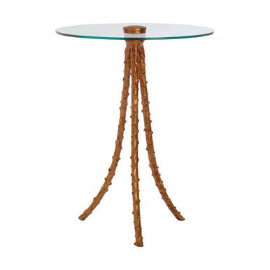 Clear Glass Top Large Side Table With Warm Gold Iron Tripod Base, Sika