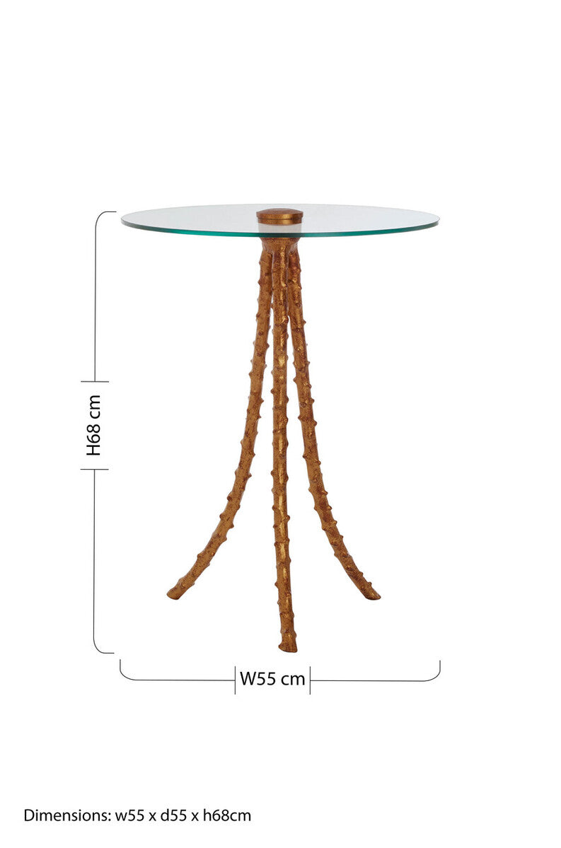 Clear Glass Top Large Side Table With Warm Gold Iron Tripod Base, Sika