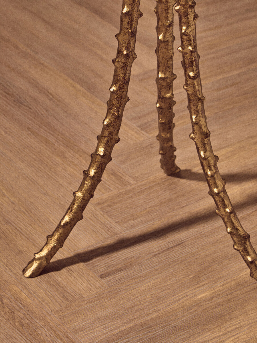 Clear Glass Top Large Side Table With Warm Gold Iron Tripod Base, Sika