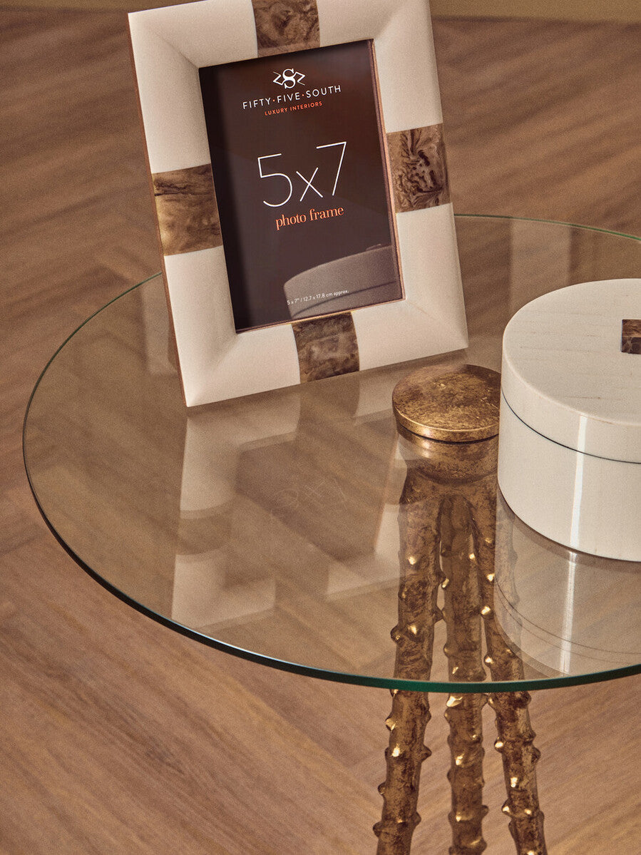 Clear Glass Top Large Side Table With Warm Gold Iron Tripod Base, Sika