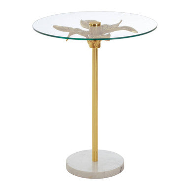 Clear Glass Top Small Side Table With Gold Leaf Design Base & White Marble Base, Sika