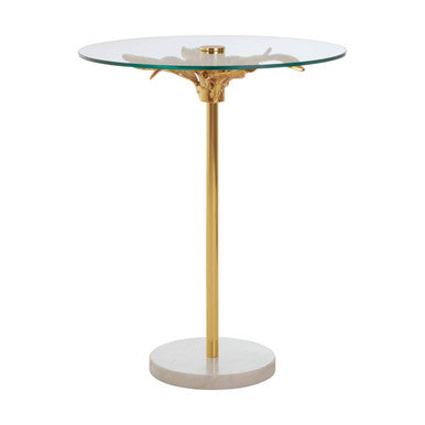 Clear Glass Top Small Side Table With Gold Leaf Design Base & White Marble Base, Sika