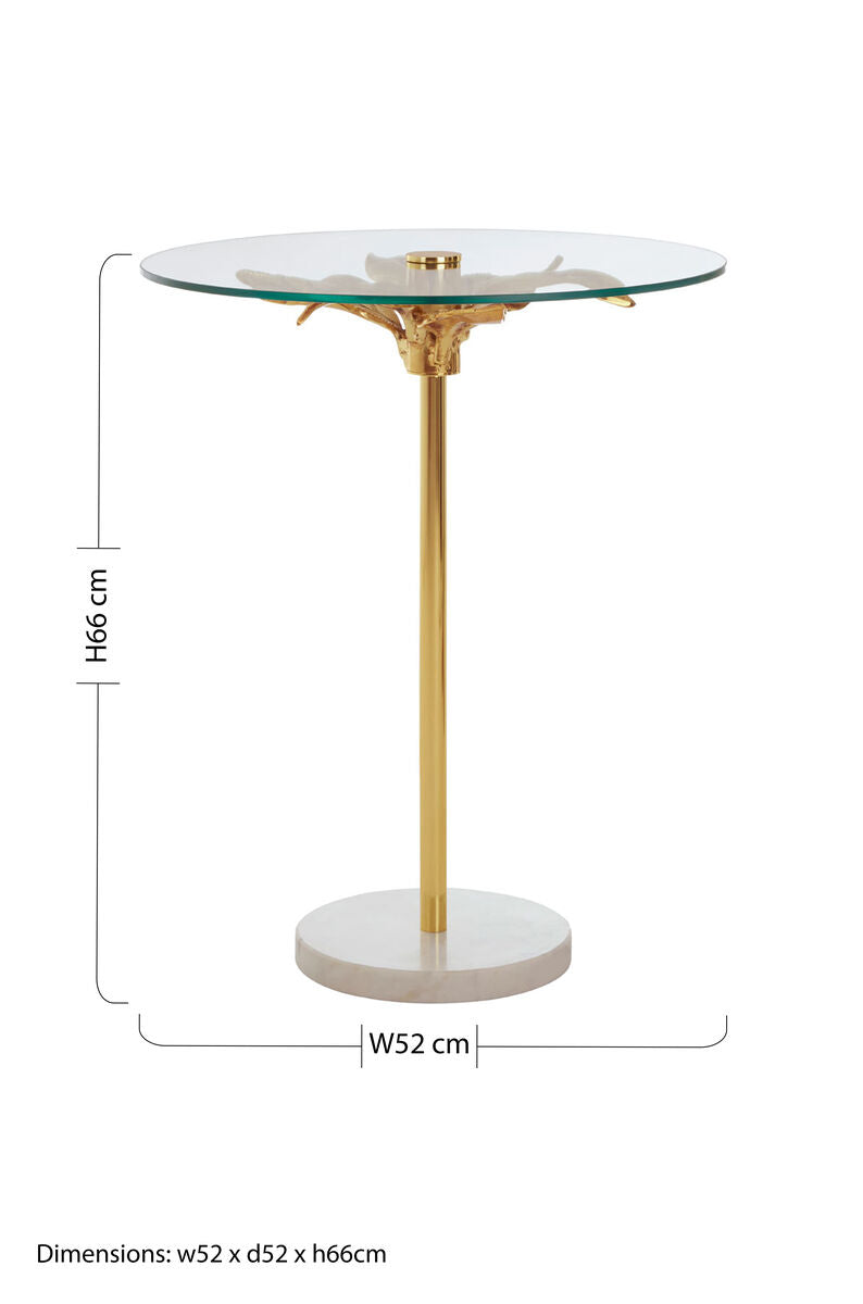 Clear Glass Top Small Side Table With Gold Leaf Design Base & White Marble Base, Sika