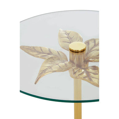 Clear Glass Top Small Side Table With Gold Leaf Design Base & White Marble Base, Sika