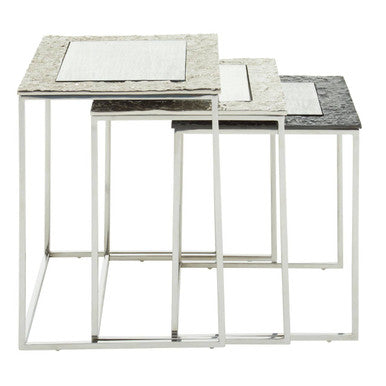 Antique Glass Top Rectangular Set Of 3 Nesting Side Tables With Nickel & Gunmetal Frame, Akola