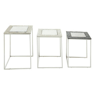 Antique Glass Top Rectangular Set Of 3 Nesting Side Tables With Nickel & Gunmetal Frame, Akola