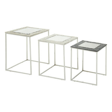 Antique Glass Top Rectangular Set Of 3 Nesting Side Tables With Nickel & Gunmetal Frame, Akola