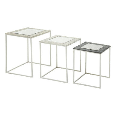 Antique Glass Top Rectangular Set Of 3 Nesting Side Tables With Nickel & Gunmetal Frame, Akola