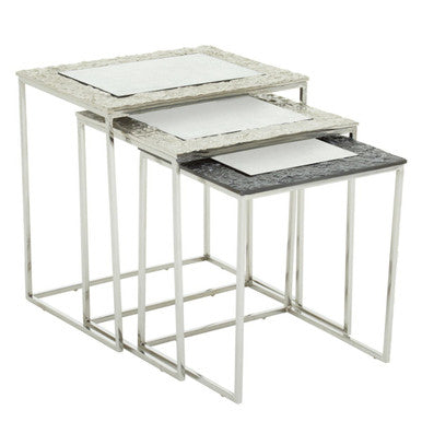 Antique Glass Top Rectangular Set Of 3 Nesting Side Tables With Nickel & Gunmetal Frame, Akola