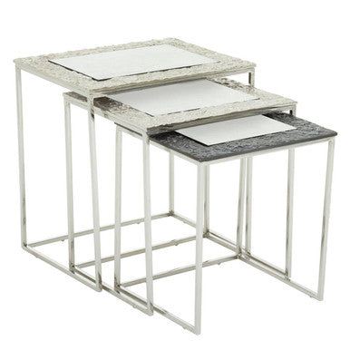 Antique Glass Top Rectangular Set Of 3 Nesting Side Tables With Nickel & Gunmetal Frame, Akola